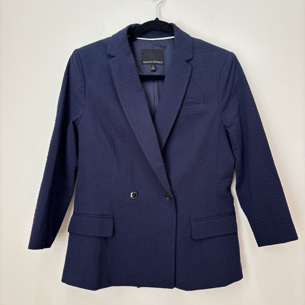 Banana Republic Seersucker Double Breasted Blazer Women 8 Navy Blue Preppy